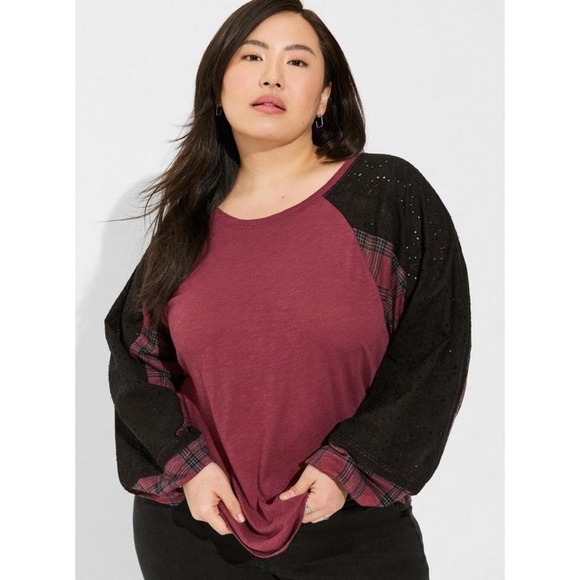 Torrid Cotton Modal Slub Crew Neck Raglan Eyelet Inset Print Mix Top Plaid - Picture 1 of 8
